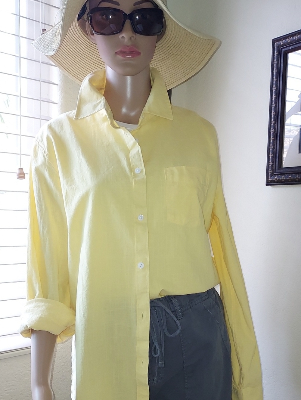 Women's Yellow Linen Blend Button Down, Medium